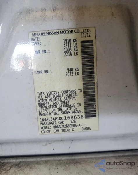 2013 Nissan Altima 2.5 из США, поврежденный, VIN 1N4AL3AP1DC168636